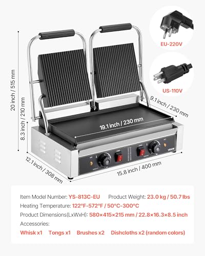 VEVOR Commercial Panini Grill, 3600W Electric Sandwich Panini Maker, Stainless Steel Double Sandwichs Press Grill with Handle and Temp Control, 19x9 in Flat Enamel Plate for Hamburger Steak Bacon
