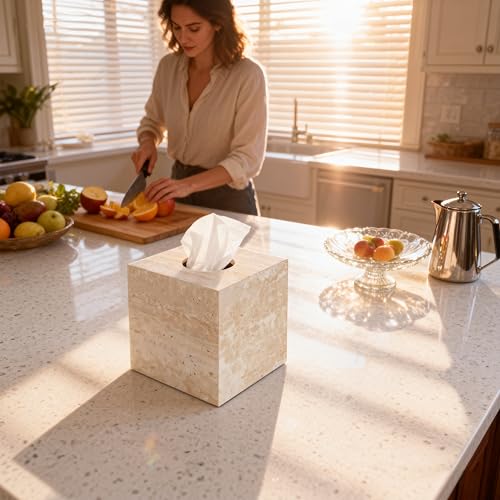 Natural Travertine Marble Tissue Box Holder Cover, Square Cube Tissue Box Holder with Open Bottom for Bathroom Vanity Tops, Bedroom Dressers, Kitchen Countertop, Travertine Beige(NS022) - color: Beige