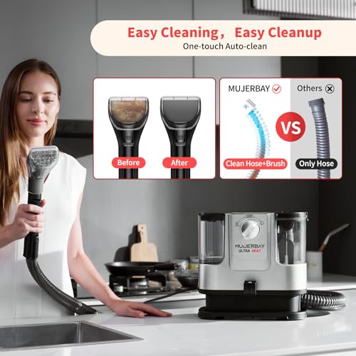 Upholstery Carpet Cleaner, MUJERBAY UltraHeat 12Kpa Portable Spot & Stain, Move with Universal Wheels & Handle, 1.18-inch Deep Cleaning Machine for Couch, Stairs, Car & Pet Messes.