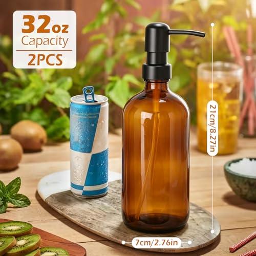 GeeRic 32 Ounce Glass Soap Dispensers, 2 Pack Refillable Amber Glass Bottles with Stainless Steel Pump, Bathroom Kitchen Liquid Dispenser for Hand Soap, Lotion, Shampoo