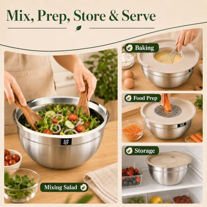 8PCS Stainless Steel Mixing Bowls with Lids - 5PCS Nesting Bowls, 3 Grater Attachments for 4.0 QT Bowl, Stainless Steel Mixing Bowls for Mixing & Serving, Size 1.5/2.1/3.5/4/4.5 QT, Khaki