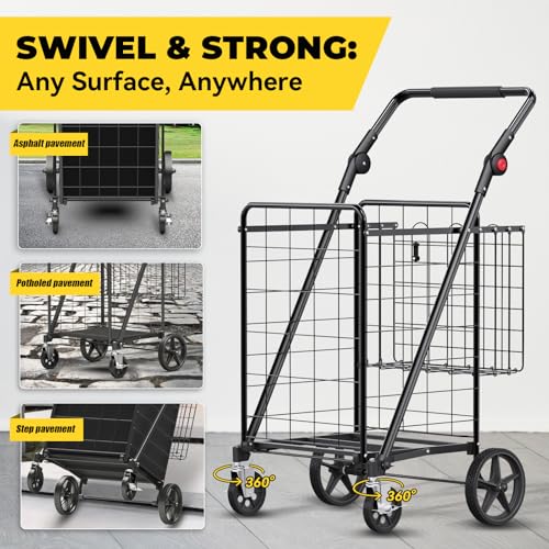 XINGLANG Heavy Duty Folding Shopping Cart – 4.5 Cu Ft, 420 lbs Capacity, Double Basket & Removable Waterproof Liner, 360° Swivel Wheels with Brakes, Adjustable & Rotating Handle for Laundry & Grocery - size: Jumbo