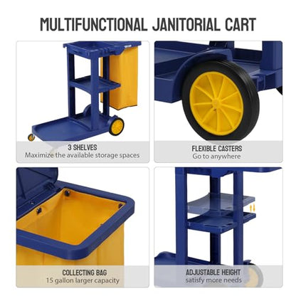TUFFIOM Commercial Traditional Cleaning 3-Shelf Janitorial Cart, 500 Lbs Capacity Housekeeping Cart, Wheeled with Yellow VinylBag and Cover w Lid, Blue, - color: Blue