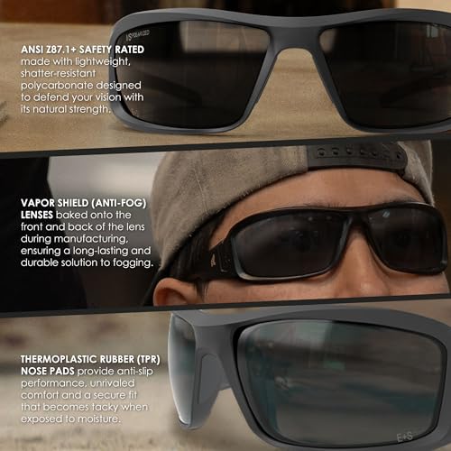 EDGE Brazeau Safety Glasses, Polarized Lenses, Non-Slip, Impact/Scratch Resistant, 99.9% UV Protect, ANSI Z87 Rated (Black, Polarized Smoke Vapor Shield)