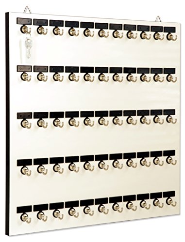 Key Rack, Key Holder # 55MWN, Extra Space 55 Bolted Metal Hooks with Customize Nameplate, (60 Sets of Tag & Ring Included) - Made in USA - color: White