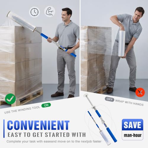 Long Handle Pallet Stretch Wrap Dispenser, Stretch Wrap Dispenser for Film Width 12-20 inch, Rolls 1.5" to 3" Diamater, Stretch Wrap with Handles for Warehouse, Logistics, Factory Shipping & Packaging