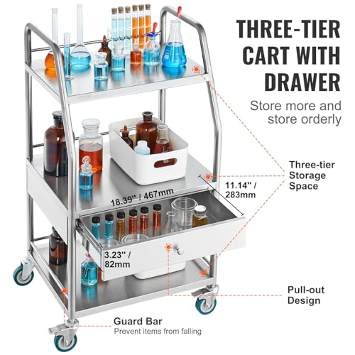 VEVOR Stainless Steel Utility Cart with 3 Shelves & 1 Drawer, 360 Swivel Casters, 220lbs Capacity - style: 3 Shelves/ 1 Drawer