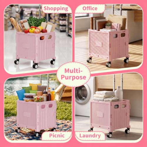 Foldable Shopping Cart with Wheels: Pink Rolling Utility Crate - color: Pink