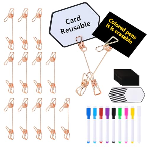 12 Pcs Metal Double Sided Sign Clips, Rose Gold Reusable label holders clips with 9 Colored Markers & 28 Laminated Erasable Cards for Table Numbers, Retail Display, Menu, Photo-Clip-On Sign Holders(Rose Gold) - color: Rose Gold