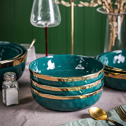 Stone Lain Florian 4-Piece Round Pasta Bowl Set, Green with Gold Rim - color: Green with Gold Rim, size: 4-Piece Pasta Bowl