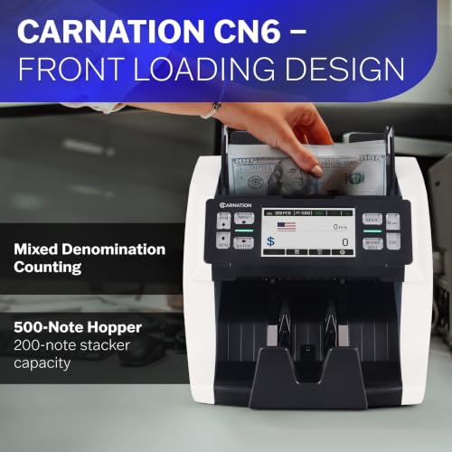CARNATION Money Counter Machine – Cash Counting & Mixed Denomination Bill Counter, Portable Currency Scanner, Counterfeit Scanner, Dollar Sorter for Commercial, up to 1500 N/M, UV/MG/MT/IR/CIS - size: CN6