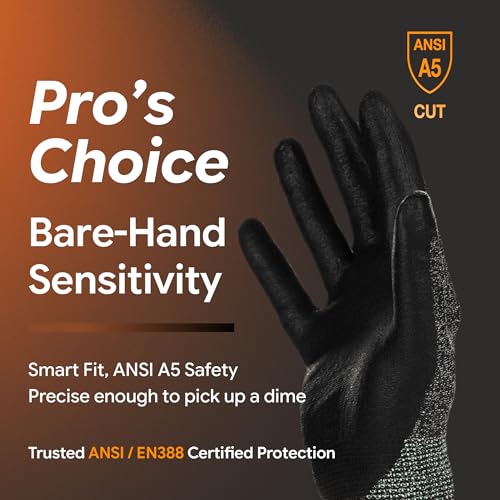 DEX FIT Level 5 Cut Resistant Gloves Cru553 Anti-Static, 3D Comfort Fit A5 Safety Work Gloves with Grip, Thin Touchscreen Gloves for Warehouse, Package Handling, Glass Handling, BlackGray, M, 1 Pair - color: Blackgrey, size: Medium