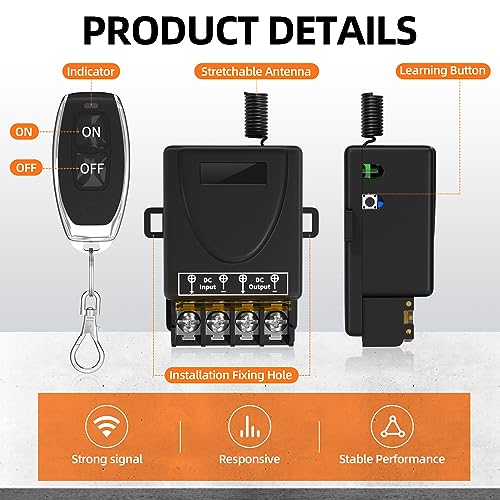 RVBOATPAT Wireless Remote Switch DC 8V/12V/24V/48V/72V/86V 30A Relay RF Remote Control 328ft Long Range for Anti-Theft Alarms Security Systems Roller Lind Door