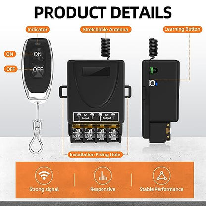 RVBOATPAT Wireless Remote Switch DC 8V/12V/24V/48V/72V/86V 30A Relay RF Remote Control 328ft Long Range for Anti-Theft Alarms Security Systems Roller Lind Door