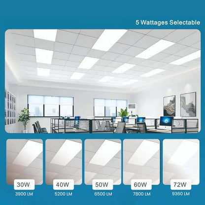 48 Pack 2x4 LED Flat Panel Light for Drop Ceiling, 9360lm Selectable 30W/40W/50W/60W/72W, Color Temperature 3000K/3500K/4000K/5000K/6500K, 0-10V Dimmable, 120-277V, ETL - size: 2X4 FT LED - 48PACK