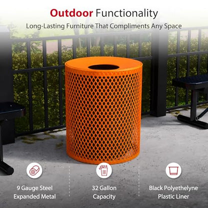 Leisure Craft 32 Gallon Commercial Outdoor Trash Can, Metal, Made in USA - color: Orange