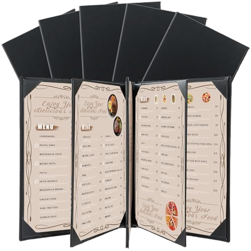 Restaurant Menu Covers Holders 8.5 X 11, 5 Pack Synthetic Leather Menu Holder Covers Book Style with Angled Corners Black for Wine List, Certificate Organizer Diploma Holder (5 Page 8 View) - size: 5 Page 8 View