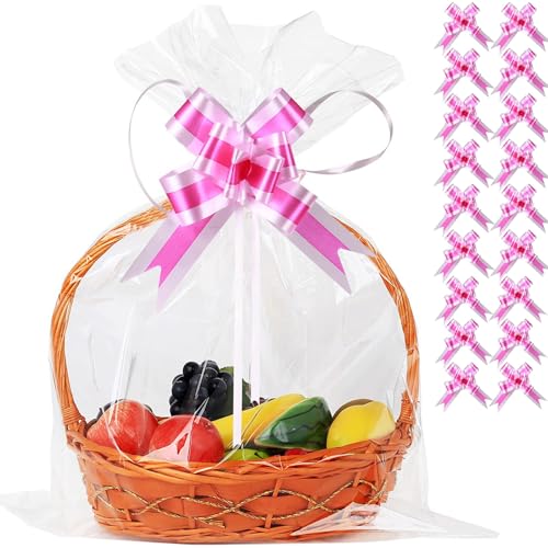 UltraOutlet 50 Packs Large Cellophane Bags 18" x 24" Clear Cellophane Gift Basket Wraps 2.3 Mil Thick Transparent Cello Bags for Fruit Basket, Gift Wrap, Treats, Arts and Crafts, 50ct Ribbon Bows - color: Clear/rose pink+light pink, size: 1 Count (Pack of