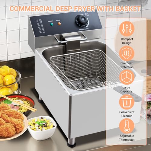 Commercial Electric Deep Fryer, 11L(11.55Qt) Single Removable Basket and Lid Stainless Steel Fast Heat Up Electric Countertop Fryer for Home and Commercial Restaurant Use, 304SS - size: 11L 304
