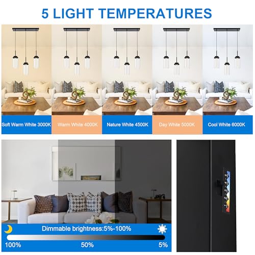 MELUCEE 3-Light Dimmable LED Dining Room Light Fixture Over Table Black - color: Black, size: 3-Light-Rectangle