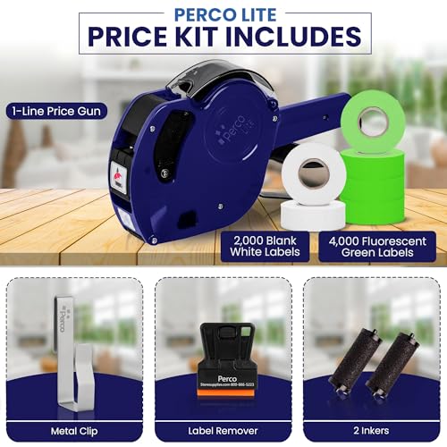 Perco Price Gun 1-Line Kit with 2 White 4 Green Rolls, Clip & Ink Rollers - color: Fluorescent Green