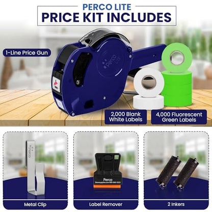 Perco Price Gun 1-Line Kit with 2 White 4 Green Rolls, Clip & Ink Rollers - color: Fluorescent Green