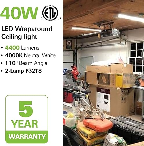 hykolity 4 Pack 4FT LED Wraparound Light 40W 4 Foot LED Shop Lights for Garage, [2-lamp 32W Fluorescent Equiv.] 4400lm 4000K Wrap Light, Flushmount Office Ceiling Light Fixture ETL Listed - size: 5.7 Inch Width