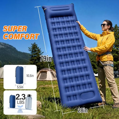 Camping Sleeping Pad, 6 inch Thick Ultralight Camping Mat with Pillow, Built-in Foot Pump Inflatable Sleeping Pads Compact for Camping Backpacking Hiking Traveling Tent,Single,Blue - color: Blue