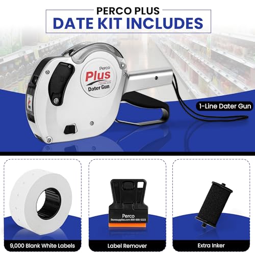 Perco Plus 1-Line Date Marking Gun with Labels Kit - Compares to Monarch 1131-01 Band Includes 1-Line 8-Character Band Date Labeler Gun, 9,000 Blank White Labels, a Label Scraper, and an Extra Inker - style: Date Gun Kit