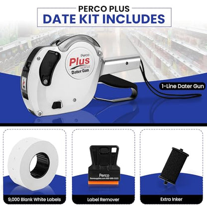 Perco Plus 1-Line Date Marking Gun with Labels Kit - Compares to Monarch 1131-01 Band Includes 1-Line 8-Character Band Date Labeler Gun, 9,000 Blank White Labels, a Label Scraper, and an Extra Inker - style: Date Gun Kit
