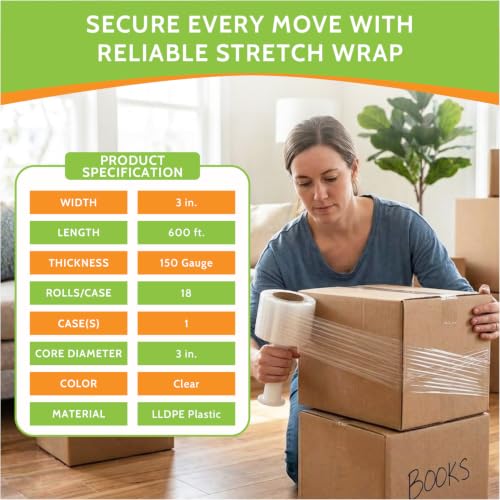 PSBM Mini Stretch Wrap with Plastic Handle, 18 Rolls 3 Inch x 600 Feet 150 Gauge Heavy Duty Clear Plastic Wrap Industrial Strength Shrink Film for Moving, Packing & Shipping - size: 3 Inch, style: 150 GA