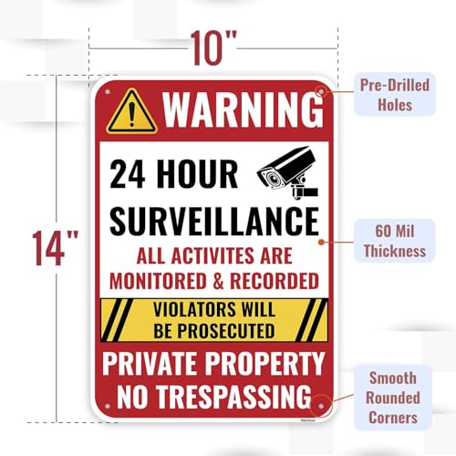 2PC 24 Hour Surveillance Sign, 14 x 10 Inches - Aluminum - Private Property No Trespassing - Security Camera Metal Warning Signs
