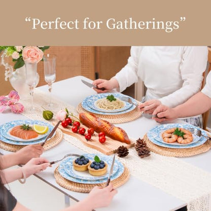 Bone China Dinnerware Set for 4, 12 Pcs White Plates and Bowls, Blue Rim - color: Light Blue