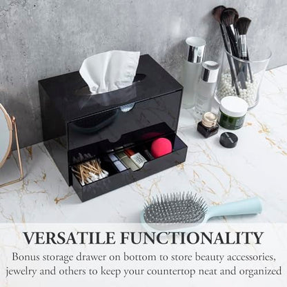 MyGift Premium Black Acrylic Cosmetic Organizer Caddy and Tissue Box Cover with Pull Out Makeup Storage Drawer - Countertop Bathroom Supplies Holder - color: Black
