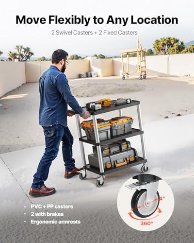 VEVOR Utility Cart, 300 lbs Load Capacity, 27.6 x 18.1-inch Service Cart, Three-Shelf Heavy Duty Plastic Utility Cart with 360° Swivel Wheels (2 with Brakes), Suitable for Warehouse, Garage, Cleaning - style: 300 LBS-3 Tier