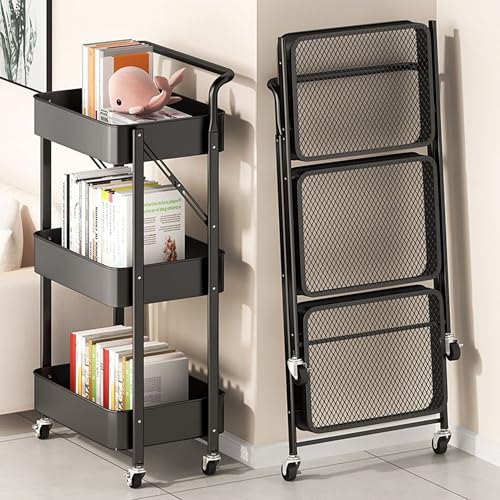 BEEY Foldable Metal Storage Cart Rolling Baskets with Wheels, No Assembly, Metal Wire Market Basket Storage Organizer Stackable Storage Bins for Kitchen,Pantry,Bedroom (Black, 3 Tier-3665) - color: Black, size: 3 Tier-3665
