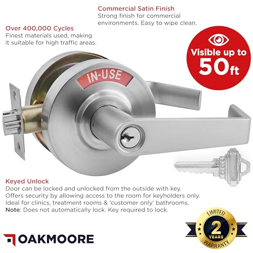 OAKMOORE Keyed Entry Commercial Door Handle | Heavy Duty Commercial Door Locks with Indicator | Restaurant, Store, Hospital, Warehouse | Locking Occupied Door Lever Lock with Key (Silver)