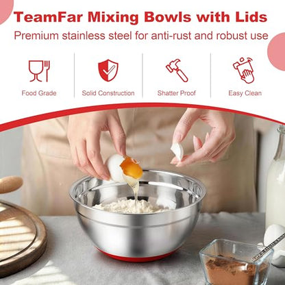 TeamFar Mixing Bowls, Stainless Steel Salad Bowls with Lids - Red - color: Red