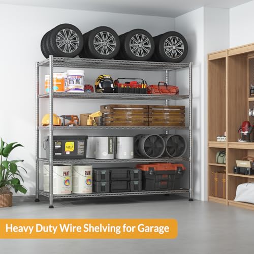Himimi Storage Shelves with Wheels, 5-Tier Heavy Duty Steel Wire Rack Storage Shelving, Adjustable Metal Storage Shelves for Garage Kitchen Pantry Bathroom Laundry 18" D*60" W*82" H, Silver - color: Silver, size: 18"D×60"W×82"H, 5-Tier