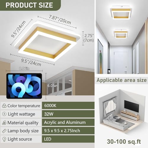 CANEOE Square Flush Mount Ceiling Light 32W Modern Led Hallway Ceiling Light Fixtures Gold Close to Ceilings Lamp for Bedroom Bathroom Living Room Laundry Kitchen - color: Gold, size: 1 Pack