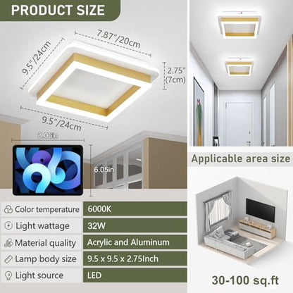 CANEOE Square Flush Mount Ceiling Light 32W Modern Led Hallway Ceiling Light Fixtures Gold Close to Ceilings Lamp for Bedroom Bathroom Living Room Laundry Kitchen - color: Gold, size: 1 Pack