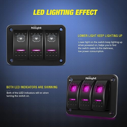 Nilight 3 Gang Aluminum Rocker Switch Panel Pre-Wired - color: Purple, size: 3 Gang