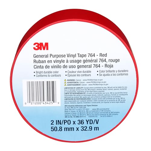 3M General Purpose Vinyl Tape 764, Red, 2 in x 36 yd, 5 mil, 1 Roll - color: Red, size: 2 in x 1296 in