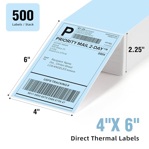 4"x6" Blue Direct Thermal Labels, 500 Fanfold Shipping & Address Label Paper, Self-Adhesive Stickers for Thermal Printer, 1 Stack - style: 500 Labels-Blue