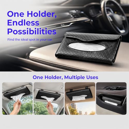 Car Visor Tissue Holder, Clip-on, Large Opening, PU Leather, Black - color: Black