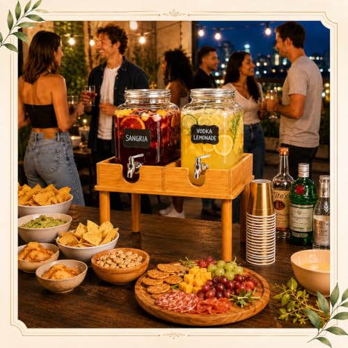 1-2 Gallon Bamboo Drink Dispenser Stand Beverage Dual Drink Stand for Party