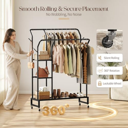 Yoobure Double Rods Clothes Rack - Portable Clothing Rack with Wheels, Rolling Garment Rack with 3-Tier Shelves & 4 Hooks, Freestanding Clothing Racks for Hanging clothes