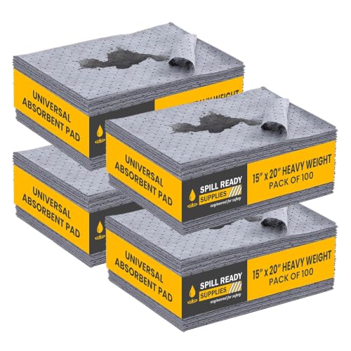(4 Boxes of 100 Pads) Universal Absorbent Pads 15" x 20" - Heavyweight Absorbs Up to 36 oz per pad - 3mm Absorbent Mat, Dimpled Industrial Sorbent Pads for Oil - Gray - color: 100 Pads - Heavyweight, size: 4