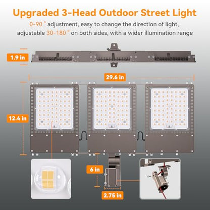 2025 New Upgraded 450W Dusk to Dawn LED Parking Lot Light 67500lm 5000K, ETL, AC85-277V, IP67 Waterproof Adjustable 3-Head Street Lights Outdoor, Pole & Wall-Mounted Flood Lights for Stadium - size: 3-Head 450W