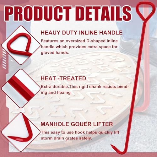 Therwen 2 Pcs Manhole Cover Hook 36 Inch with 5/8" Hex Alloy Steel Rigid Heavy Duty Manhole Cover Lifter with Inline Handle for Lid Puller Moving (Red) - color: Red, size: 36inch
